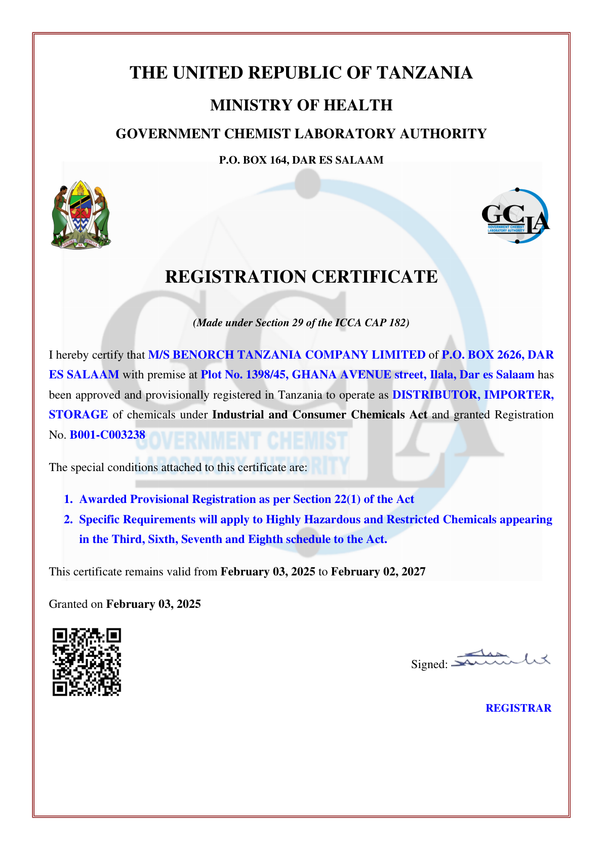 GCLA Chemical Certificate